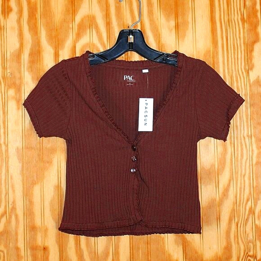 NWT PacSun Ribbed Button Front Crop Top – Size S – Brown – Cotton Blend